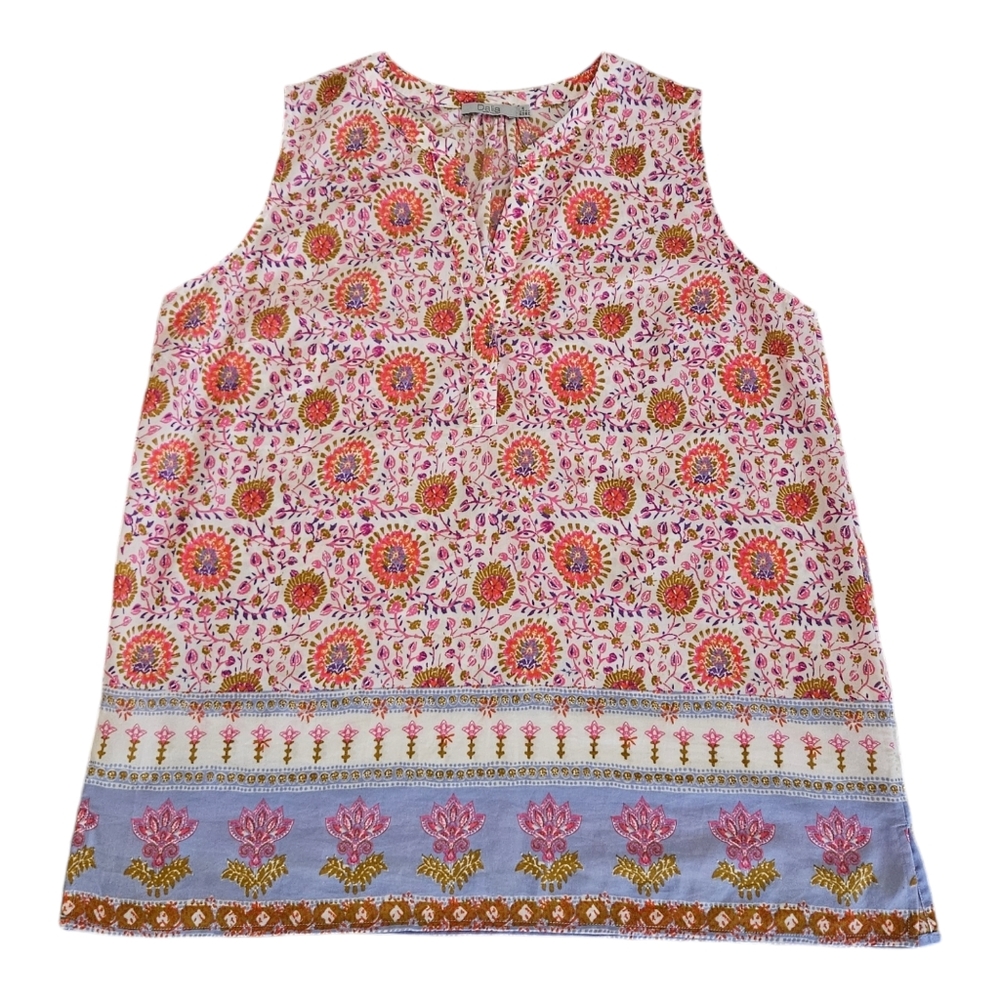 Dalia Sleeveless Top Split Neck Women's Size Large Floral Buttons